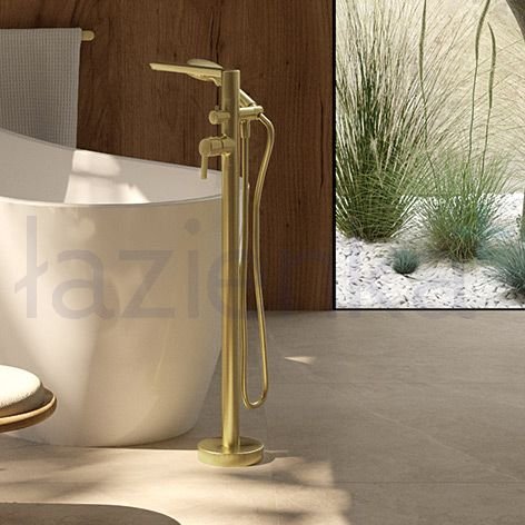 Deante Arnika BQA_R17M brushed gold freestanding bath mixer installed lifestyle
