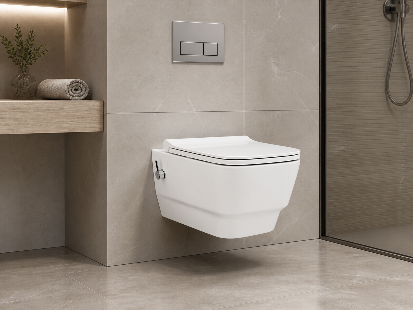 Sanovit Lucco Bello exact wall-hung toilet with side fitting installed in bathroom
