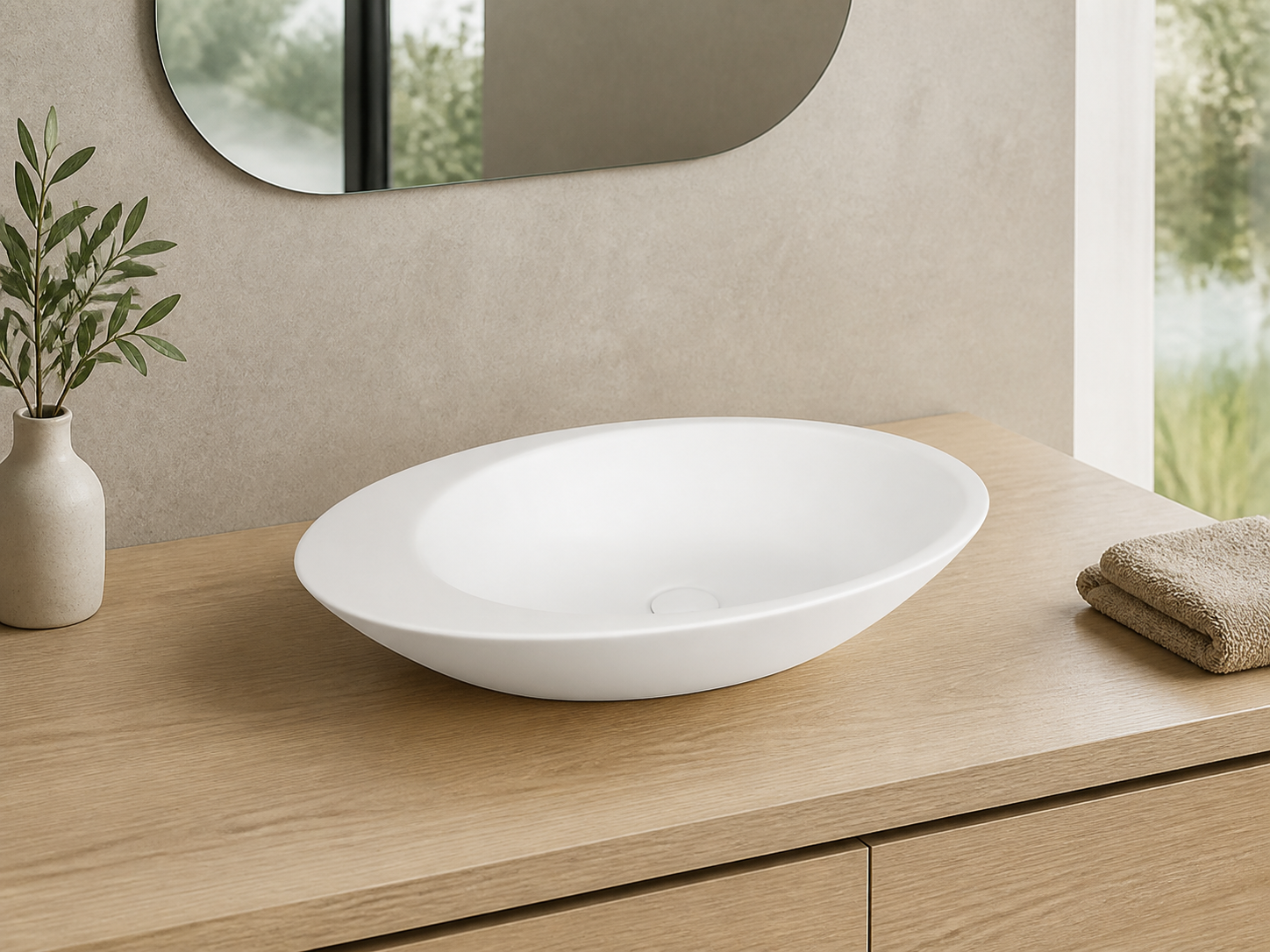 Sanovit Lucco Gocce white matte basin installed on vanity