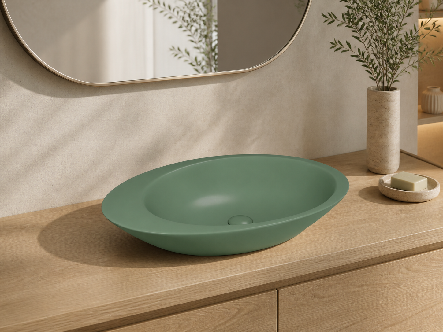Sanovit Lucco Gocce sage green matte basin installed on vanity