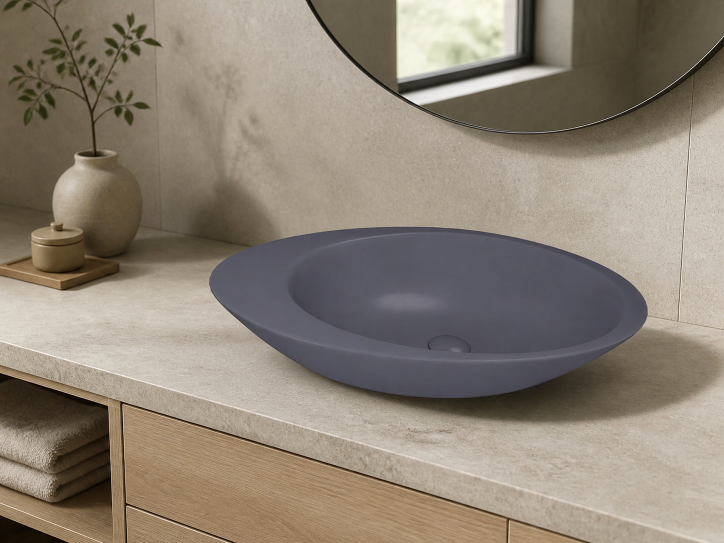 Sanovit Lucco Gocce dark graphite matte basin installed on vanity