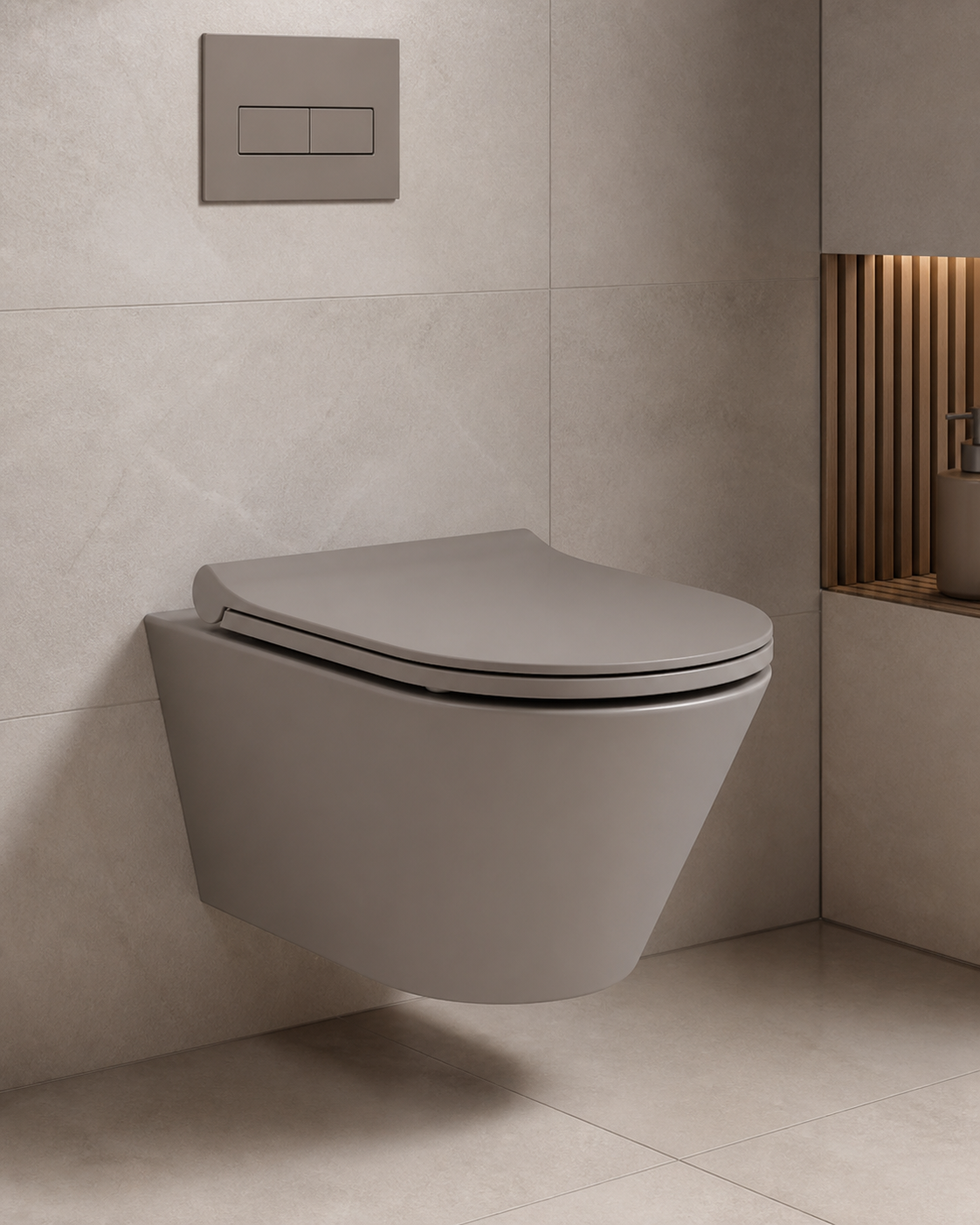 Sanovit Lucco Avva coffee with milk wall-hung toilet installed lifestyle