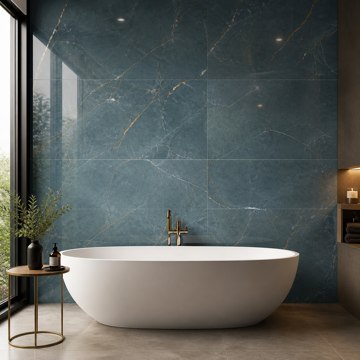 Tubądzin Domino Chic Stone Blue exact tile installed as a feature wall