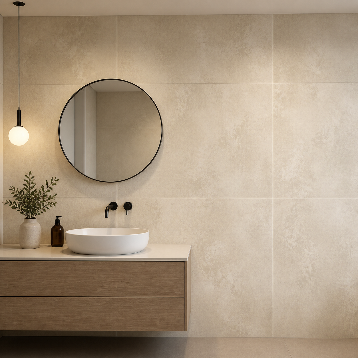 Tubądzin Domino OD1 Beige exact tile installed on a bathroom wall