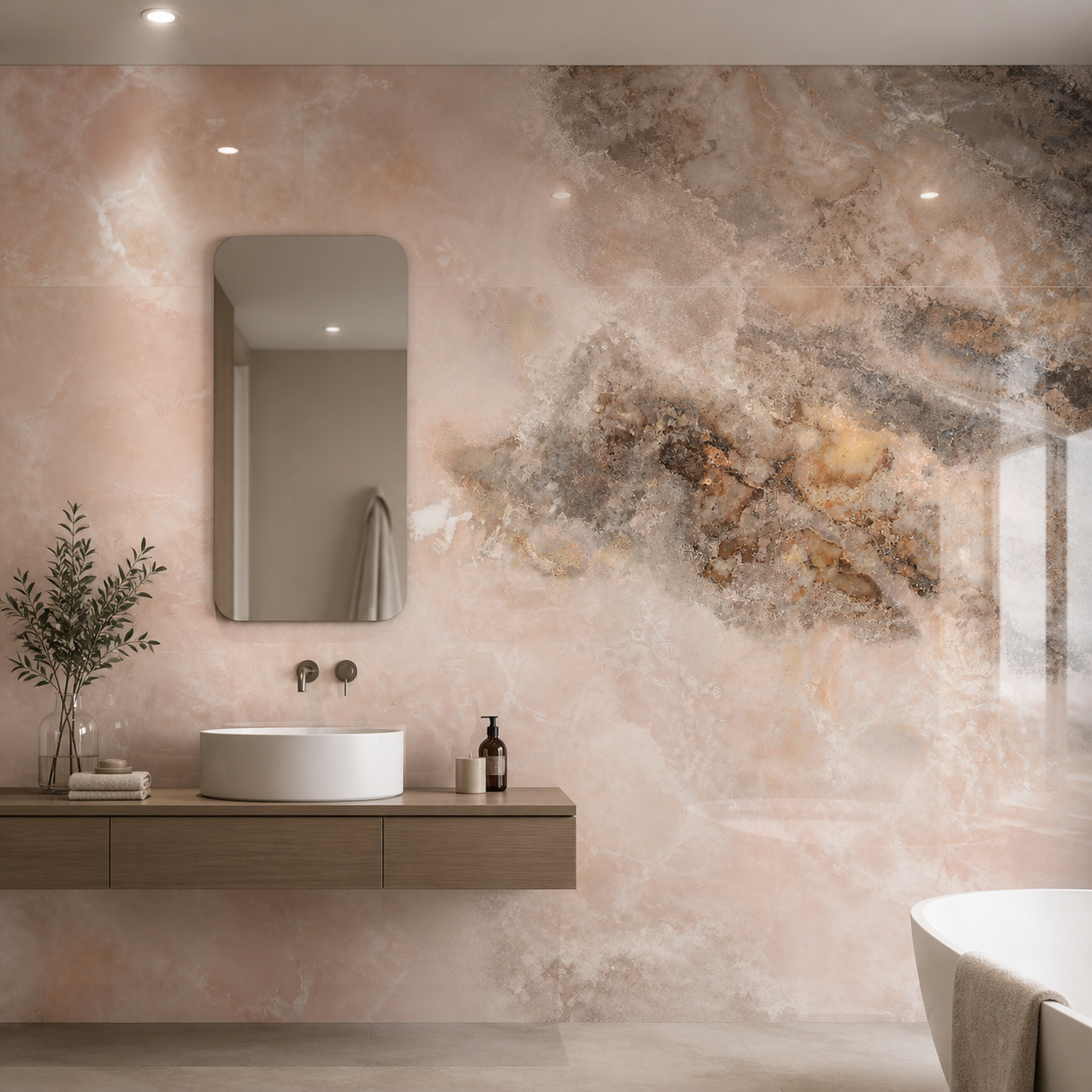 Tubądzin Onice Rosa exact tile installed as a bathroom feature wall