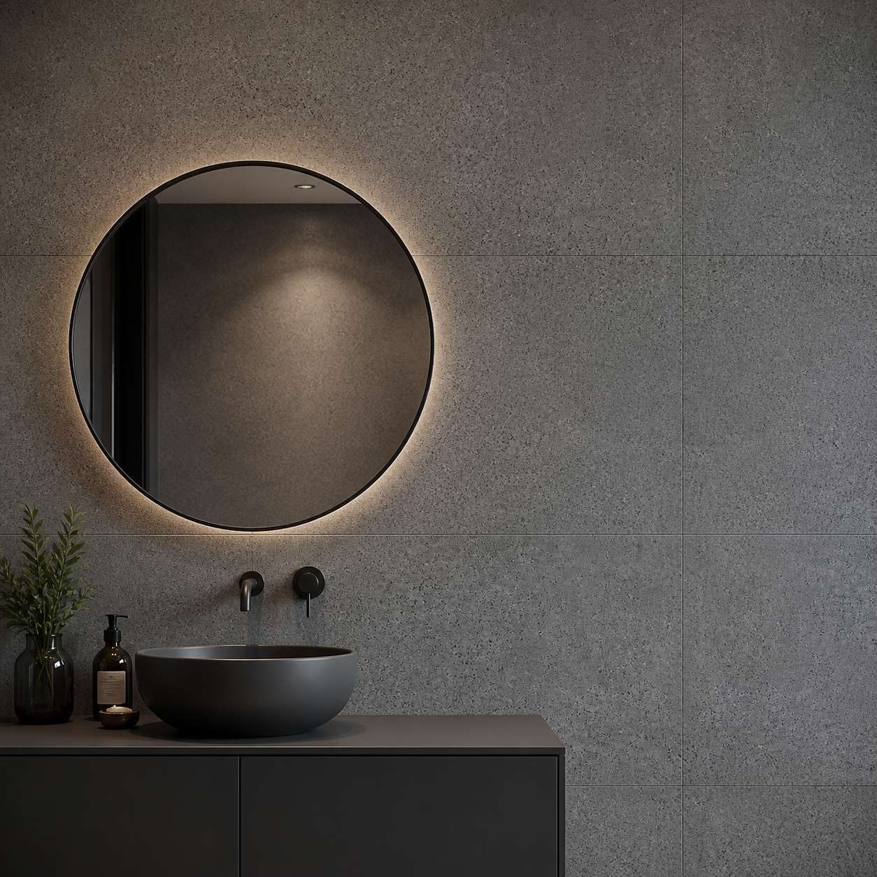 Tubądzin Domino Otis Graphite exact tile installed behind a vanity