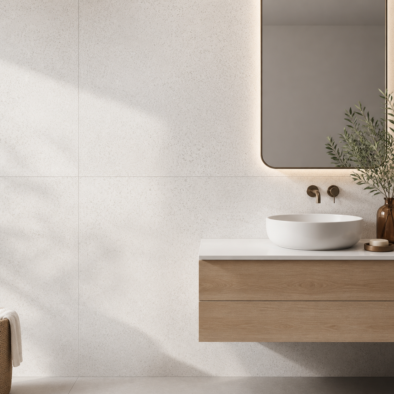 Tubądzin Domino Otis White exact tile installed behind a vanity