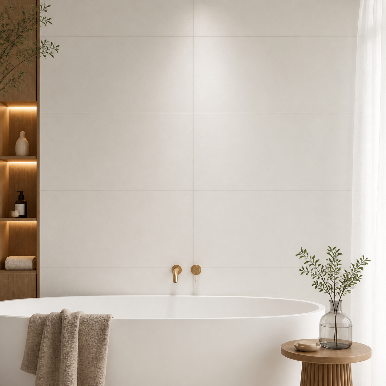 Tubądzin Domino Velo Bianco exact tile installed on a bathroom wall