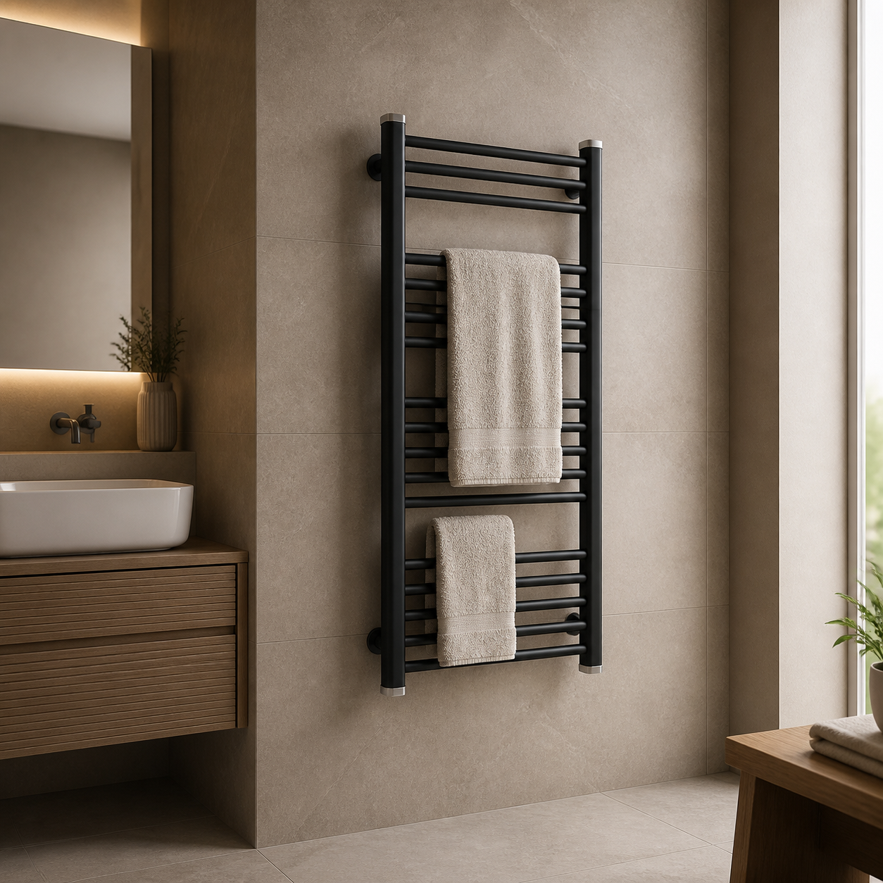 Vessen exact black towel warmer mounted on a bathroom wall